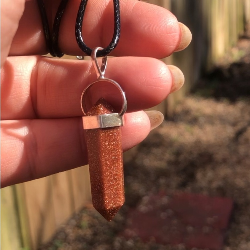 New Goldstone Set in 925 Silver w/Black Cord Necklace (unisex)